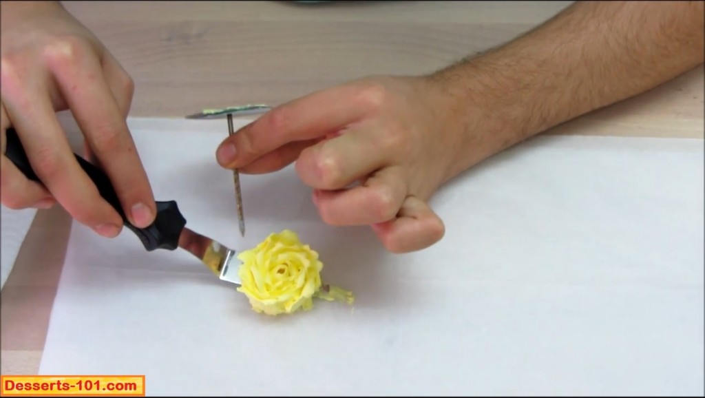 Showing the tip of the flower nail to help transfer the rose to the parchment paper